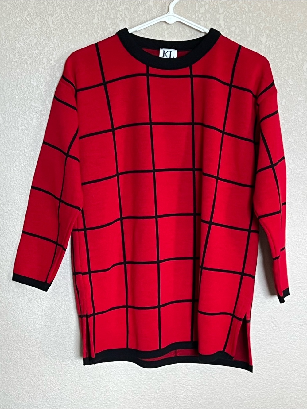 KL Collection Karen Lessly Red Windowpane Crewneck Sweater with Black Trim SP